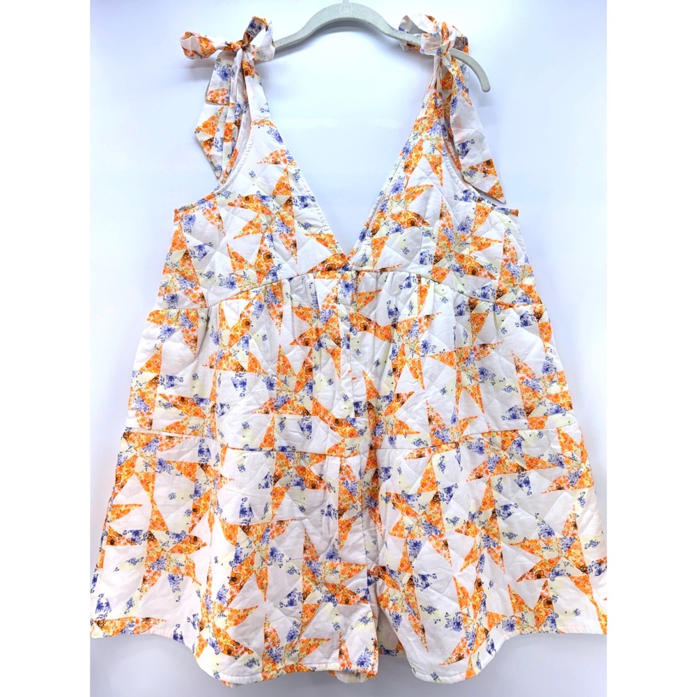 ASOS Quilted Floral Star Loose Fit Romper Sz US 12 Tie Shoulder Boho Cottagecore